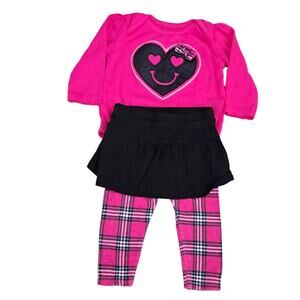 2 FOR $5 SALE Girl's Outfit Heart Face Top Red Plaid Pants/ Attached Skirt 6-9M